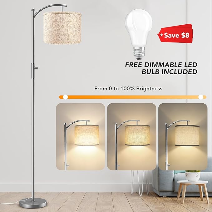ROTTOGOON Dimmable Floor Lamp, Arc Floor Lamps for Living Room, Stepless Dimming Modern Standing Lamp with Linen Shade, Tall Lamp for Bedroom Office Dining Room- Silver