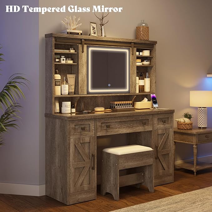 AMERLIFE 47.2" W Farmhouse Makeup Vanity Desk with Charging Station, Vanity Set with Stool & Sliding Mirror & 3 Brightness Lights, Glass Desktop, Ample Storage, Dark Oak