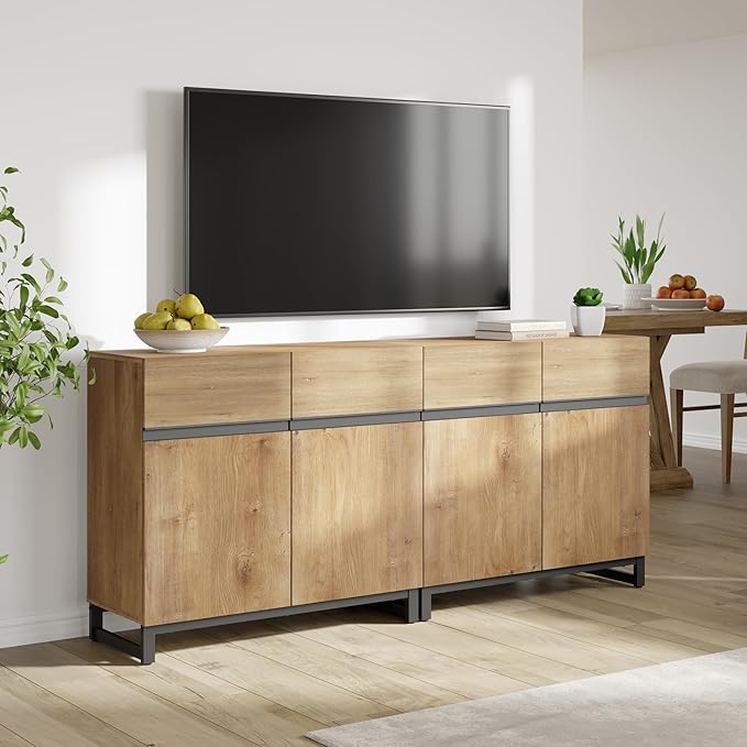 WAMPAT Modern TV Stand for 75-110 Inch TVs, Wooden Entertainment Center Console With Metal Base and Adjustable Shelves for Living Room, Bedroom, 63 Inch, Oak