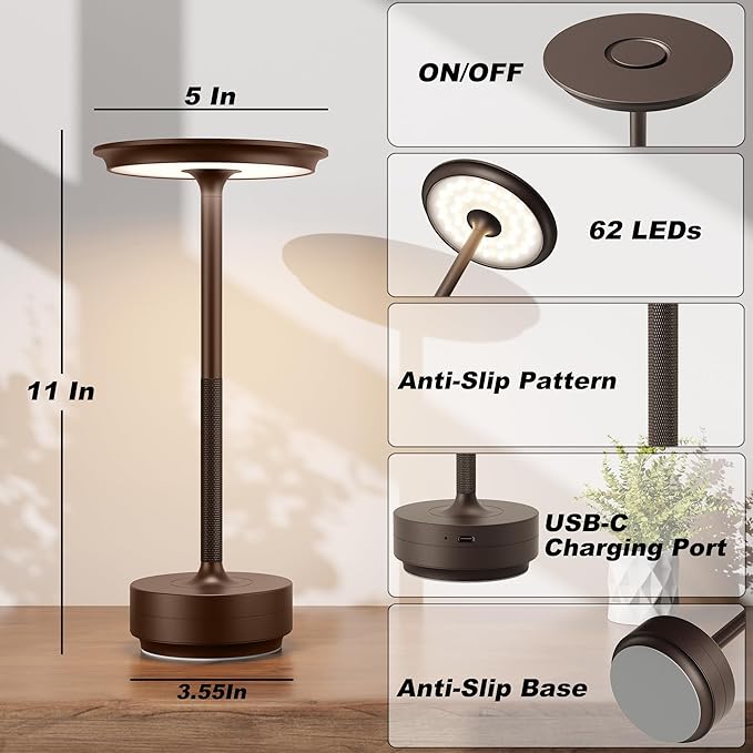 2 Pack Rechargeable Table Lamps Cordless, Portable 5000mAh Outdoor Table Light, 3 Color Stepless Dimming LED Table Lamp with Memory Function, for Home/Dinner/Patio/Restaurant.(Brown)