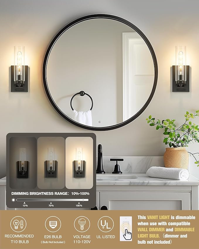 Emak Modern Black Wall Sconces Set of Two, Farmhouse Bathroom Sconce with Clear Glass Shade, 2 Light Bathroom Vanity Light for Living Room, Bedroom, Gallery, WS086-BK-CG-2PK