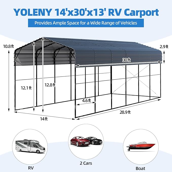 YOLENY 14x30 FT RV Carport, Heavy Duty Metal Carport with Reinforced Metal Frame & Galvanized Roof, Weather-Resistant Car Shelter for RV, Cars, Trucks, Boats, SUVs, and Tractors, Gray