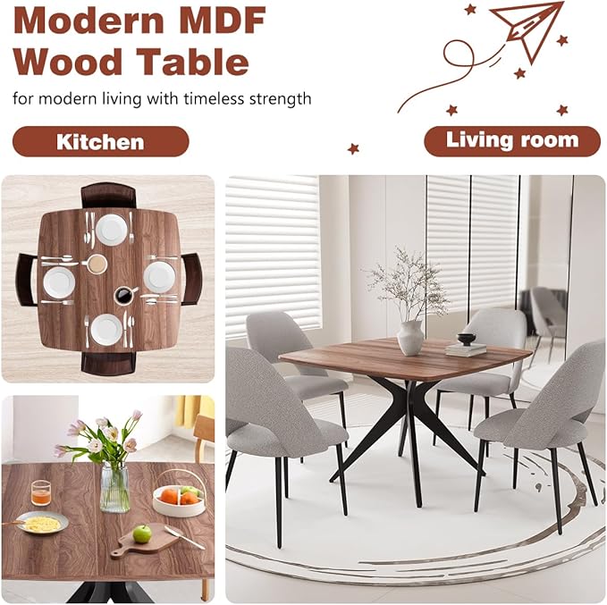 Kidol & Shellder 45.2" Square Dining Table Set for 2-4 People Modern MDF Wooden Dining Room Table with X-Shaped Metal Base Kitchen Table（Walnut Table+2pcs Grey Chairs）