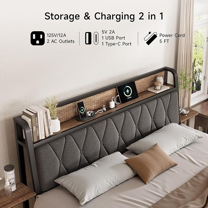 Queen Bed Frame with Side Storage Shelf, Ergonomic Upholstered Headboard with Charging Station, Queen Size Platform Bed Frame, Metal Slats Support, No Box Spring Needed, Easy Assembly, Black