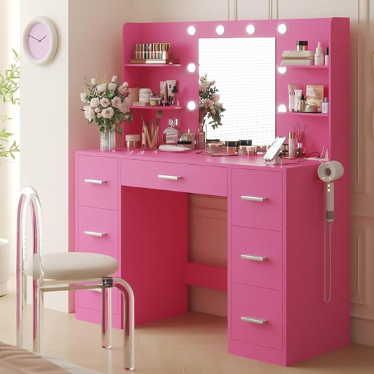 YESHOMY Vanity Desk with Mirror, Power Outlet and 10 Lights, Makeup Table with 7 Drawers, 3 Color Modes Available for Bedroom, Rose Pink