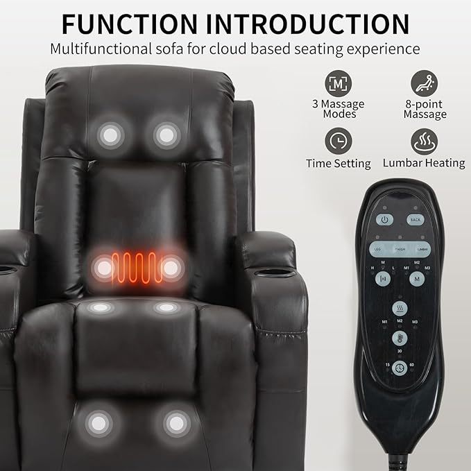 PELUMY Power Lift Recliner Chair for Elderly with Massage & Heat - Heavy Duty Electric Lift Chair, Oversized Recliner, Lay Flat, 8-Point Vibration, Lumbar Heating, USB Port, Cup Holders (Brown)