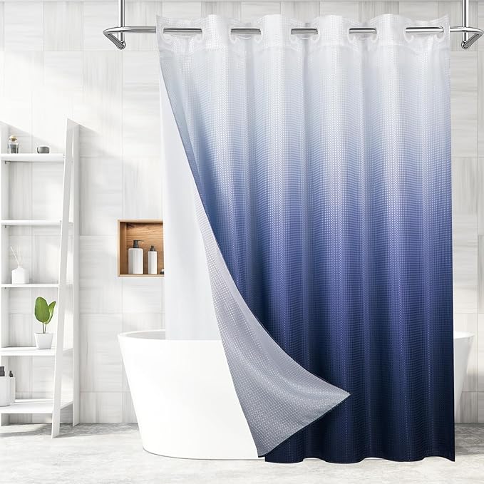 MitoVilla No Hooks Required Navy Blue Shower Curtain with Snap-in Liner, Modern Blue Ombre Waffle Weave Heavy Duty Fabric Shower Curtain for Luxury Neutral Hotel Spa Bathroom Decor, 72 x 74