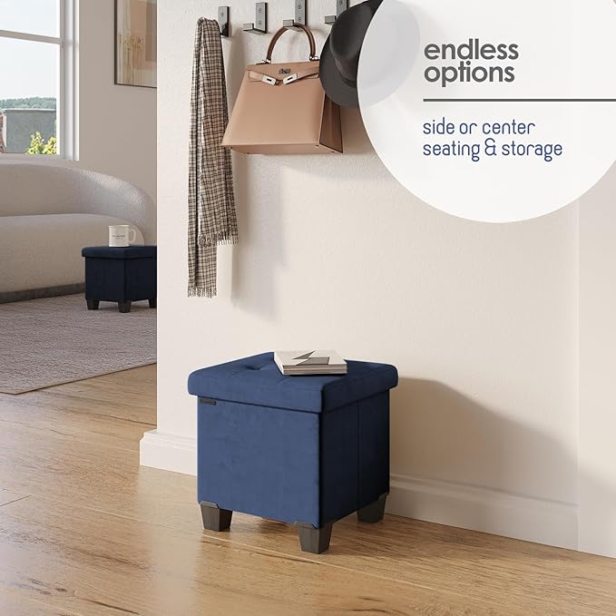 STORAGEBUD Storage Ottoman Cube with Small Bin, 15-in Square Ottoman with Storage for Living Room and Bedroom, Small Ottomans Foot Rest, Velvet Foot Stools Ottomans Max 330lbs, Blue