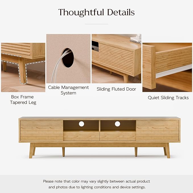 70" TV Console, Mid Century Modern Media Console for 55/65/75 Inch TV, Low Profile TV Stand with Fluted Sliding Doors, Boho Light Wood Credenza for Living Room, Oak