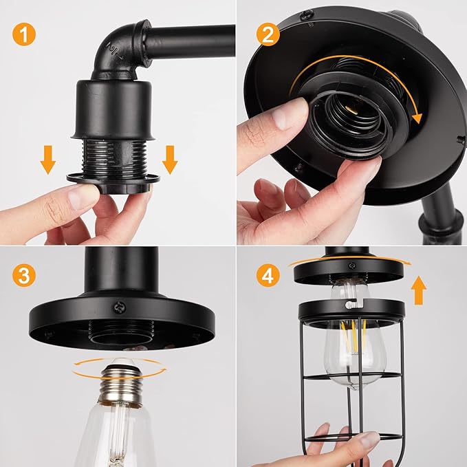 CONCA Steampunk Industrial Lamp, E26 Base Rustic Edison Light with Caged Wood Base and Iron Tube (Black)