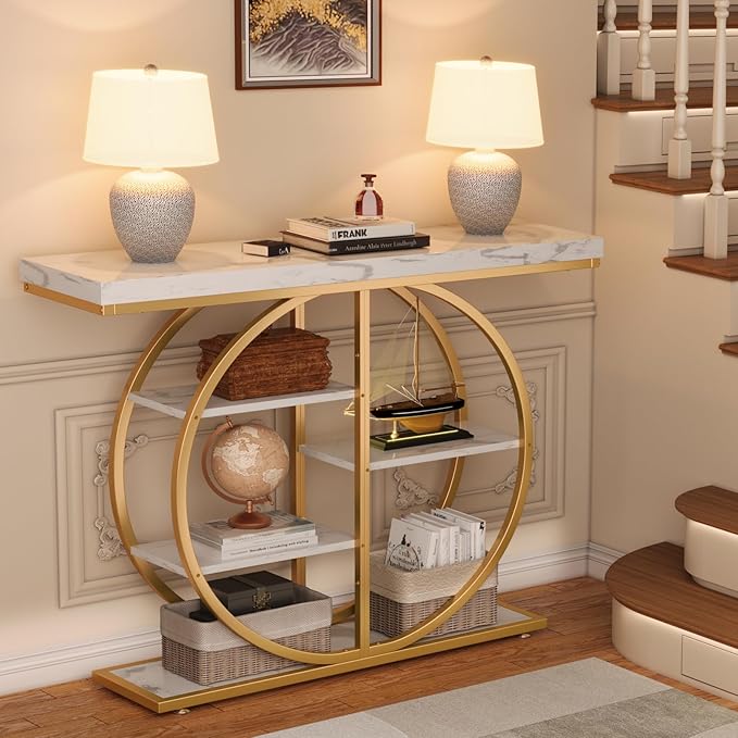 41.3" Console Table for Entryway, Industrial Hallway Sofa Table with Storage Shelves, Narrow Accent Decor Living Room Furniture with Circle Base for Foyer, Entrance, White Gold