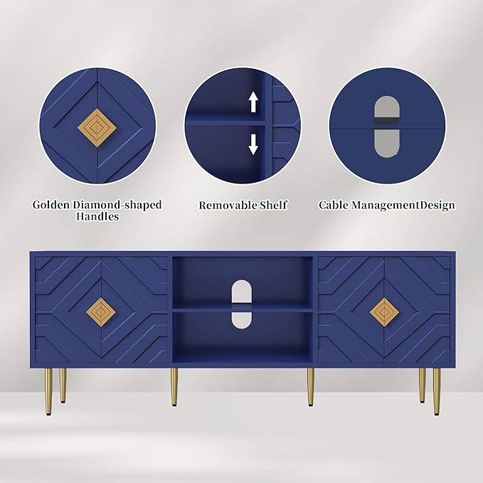 HLR 63''Modern TV Stand for 65/70/75 inch TV, Entertainment Center with Storage Cabinet, Mid Century Blue TV Stand,Embossed Pattern TV Console, TV Media Console for Living Room, Bedroom