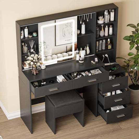 Fameill Vanity Desk with Mirror and Lights, Makeup Vanity with 5 Drawers, Makeup Desk with Charging Station and Ample Storage, Dressing Table with Chair for Bedroom Room (Black)