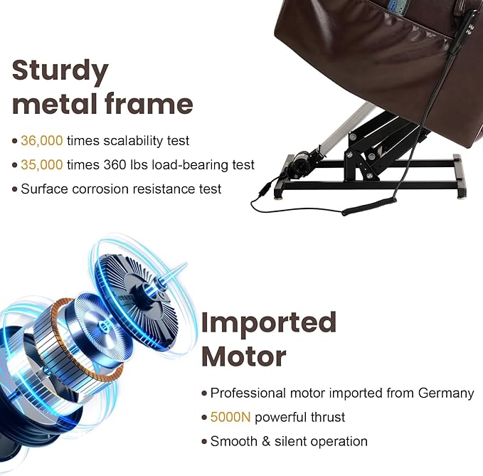 PARKOL Large Genuine Infinite Position Leather Power Lay Flat Lift Studded Recliner Chairs for Elderly, Dual Motor with Massage and Heating,Extended Footrest, USB&Type-C Port Remote,Cup Holder,Brown
