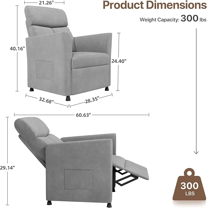 Claiks Power Recliner Chair for Adults, Adjustable Reclining Chair, Comfortable Recliner Couch with Side Pockets&Wire Remote Control, for Living Room, Home Theater, Bedroom, Linen Fabric, Light Grey
