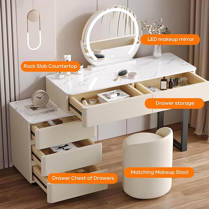 Solid Wood Vanity Desk, Modern Makeup Vanity with Drawers & Rock Slab Countertop and LED Light Mirror, Simple Dressing Table with Makeup Stool for Bedroom (Grey)