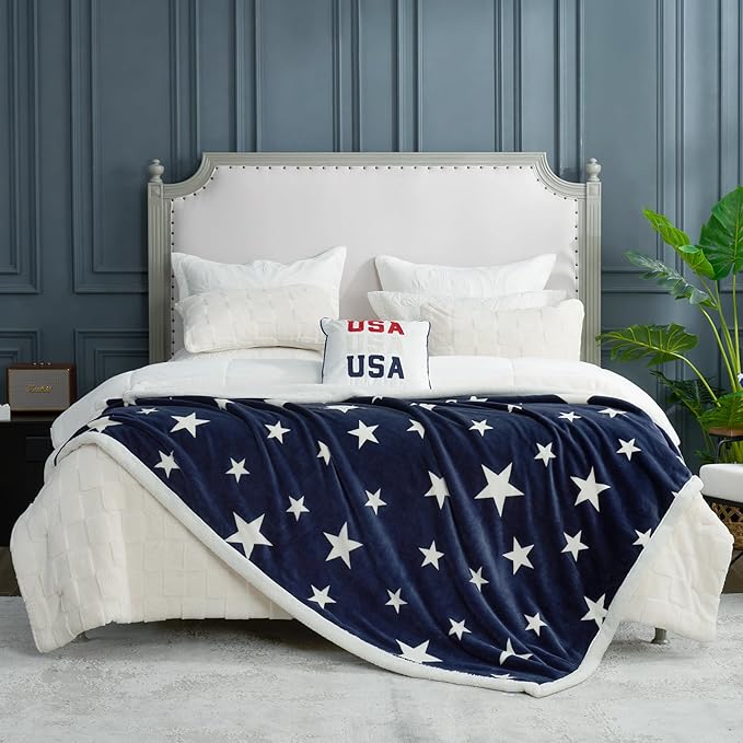 Cozy Bliss Thick Warm Sherpa Fleece Star Blanket, Double Sided Patriotic Throw Blanket Fluffy Soft Fuzzy Thick Blanket for Couch, Bed and Gifts(Navy Blue, 60" x 80")