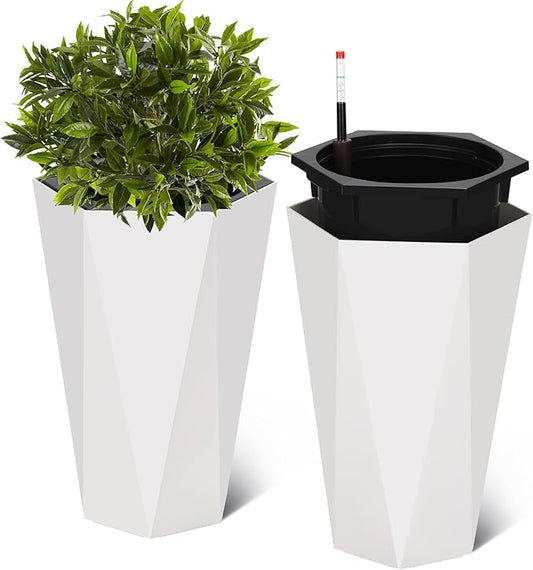 22.4 Inch Tall Planters for Outdoor Indoor Plants Set of 2, Tapered Large Flower Pots with 2 Trays and a Water Level Monitor with Wheels Planter Pots, Plant Pot for Patio, Balcony, Lounge