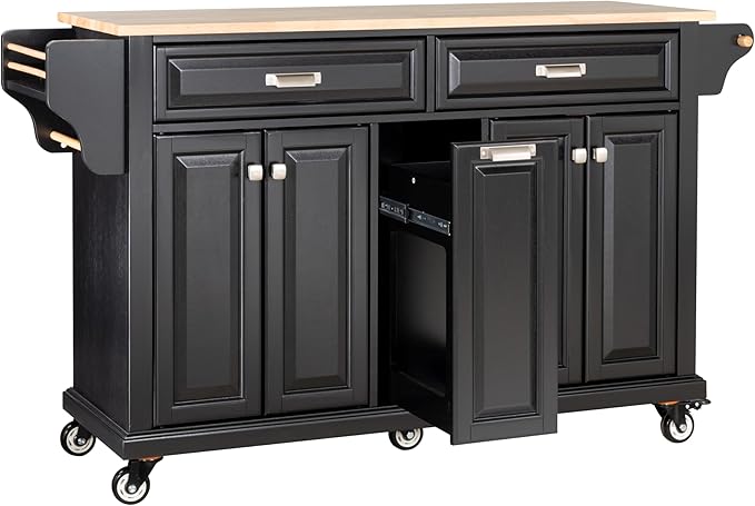 Cambridge Mobile Kitchen Island on Wheels with Storage and Wood top, Rolling Island with Spice Rack and Towel Holder, L60.5 x W18.13 x H36.75IN Island Table for Kitchen, (Black)
