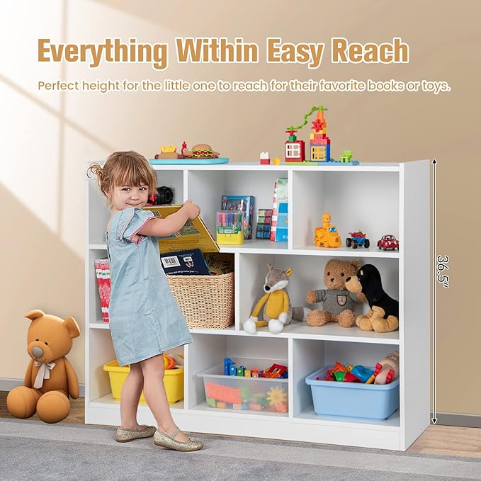Toy Storage Organizer, 3-Tier Kids Bookshelf, 8 Cube Kids' Bookcases, Cabinets & Shelves, Wooden Toy Organizers, Small Book Shelf for Bedroom, Playroom, Classroom, Nursery (White)