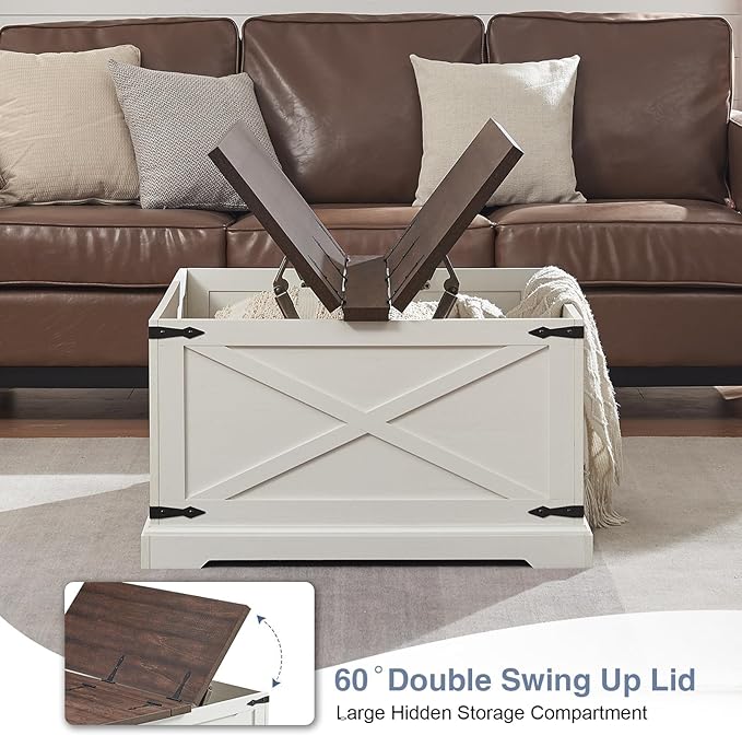 Farmhouse Square Coffee Table with Storage, Wood Center Table with Hinged Lift Top, Rustic Cocktail Table with Large Hidden Storage Compartment for Living Room, Bedroom,Antique White