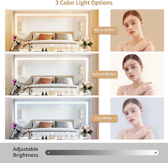 VOWNER Vanity with Lighted Mirror - Makeup Vanity Desk with Power Outlet and 9 Drawers, 3 Color Lighting Modes Adjustable Brightness, 43" Vanity Table with Soft Cushioned Stool for Bedroom, Marble