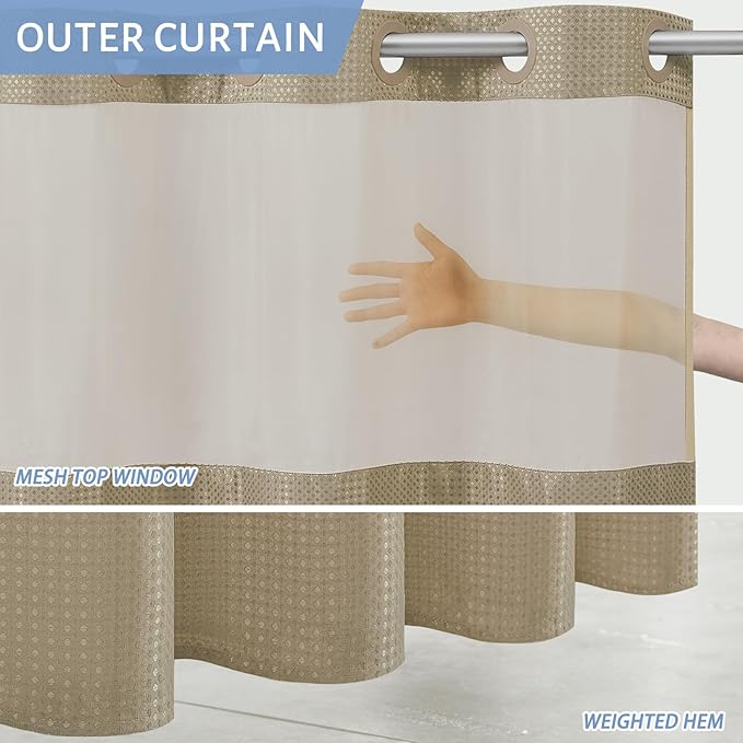 Furlinic No Hook Waffle Weave Shower Curtain with Snap in Fabric Liner,Honeycomb Textured Bathroom Curtains with See Through Top Window,Waterproof & Machine Washable,Beige,71x78 Inch