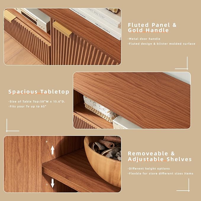 Okvnbjk Modern TV Stand for 65 Inch TV, Fluted TV Consoles for Living Room, Media Console with Soft Hinge & Drawer, Wood Entertainment Center with Storage, Mocha