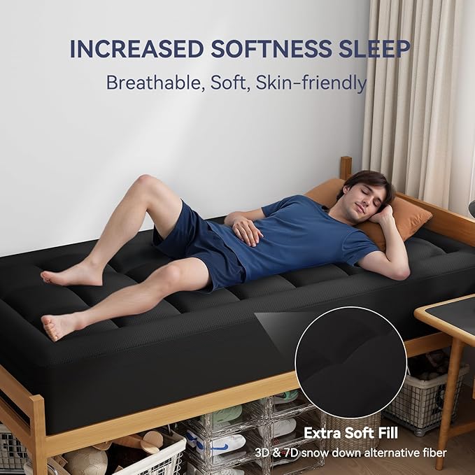 ELEMUSE 3 Inch Dual Layer Memory Foam Mattress Topper Twin XL, Dorm Room 2 Inch Cooling Gel Memory Foam Plus 1 Inch Down Alternative Pillowtop Mattress Pad,College Essential, Comfort Support, Black