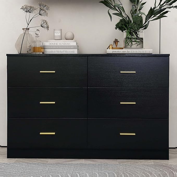 Modern 6 Drawer Dresser for Bedroom, Dresser Chest of Drawer with Large Drawers and Golden Handles, Wooden Dressers Drawer Storage Unit for Bedroom, Living Room or Closet (Black)