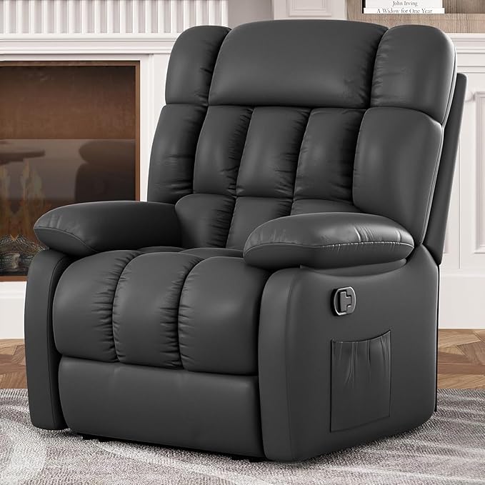 Recliner Chair, Leather Adjustable Recliner with Side Pockets, Living Room Power Reclining Lounge Chair for Adults, Small Spaces Comfy Sofa with Theater Seating for Bedroom, Black