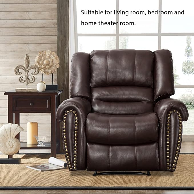 INZOY Leather Recliner Chair, Heavy Duty Manual Reclining Sofa Single Lounge Sofa for Living Room, Home Theater Seating, Brown