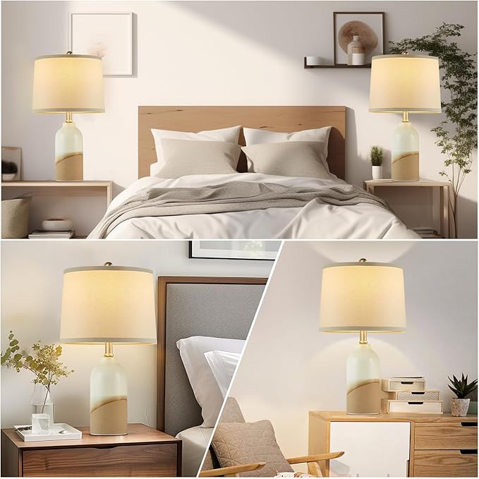 Luvkczc Ceramic Table Lamps Set of 2, 3-Color Temperature Adjustable Bedside Lamps with Line Lampshade, Nightstand Lamps for Bedroom, Living Room, Entryway Home Decor, Modern Table Lamps