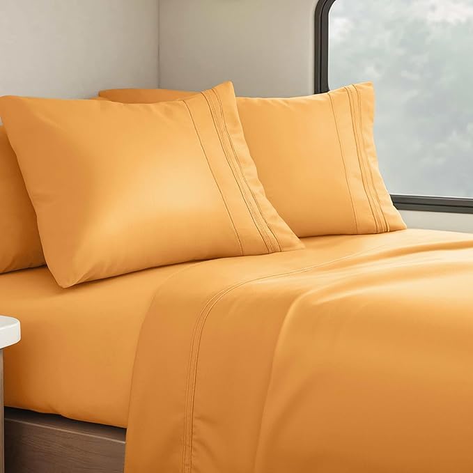 Clara Clark Bed Sheets, Premier 1800 Series 4 Piece RV Queen Sheet Set, Luxury Soft Sheets for RV Bunks, Short Queen - Apricot Orange