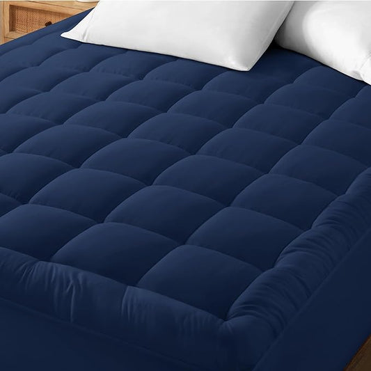 Bare Home Queen Mattress Topper Cotton Top - Plush Topper for Mattress - Fitted Mattress Cover - Cooling Breathable Air Flow - 8" to 21" Deep Pocket - Soft Mattress Pad (Queen, Dark Blue)