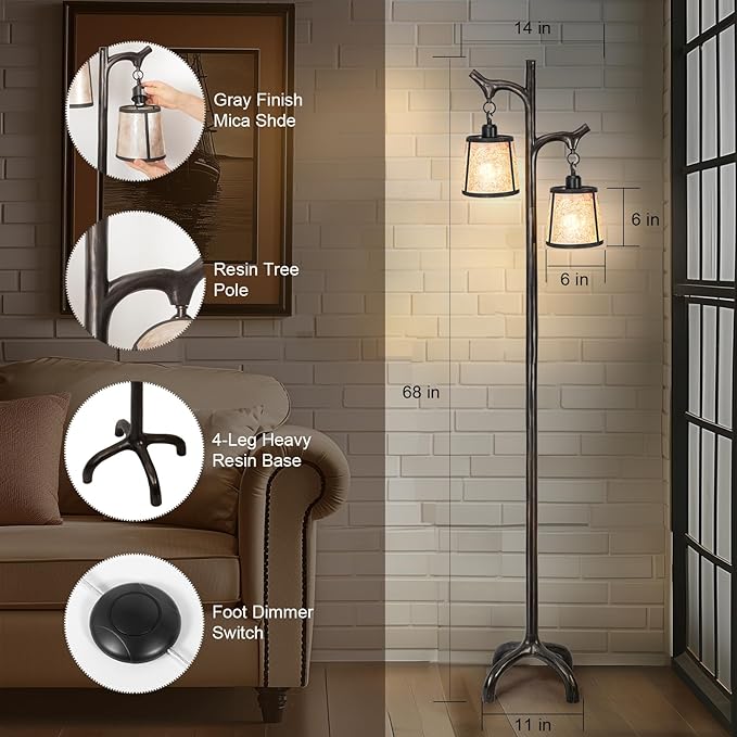 68" Farmhouse Floor Lamp with Mica Shade for Living Room,Modern Industrial Vintage Standing Floor Lamp for Bedroom,Stepless Dimmable Rustic Tree Trunk Tall Lamp for Office,Living Room (Bulb Included)