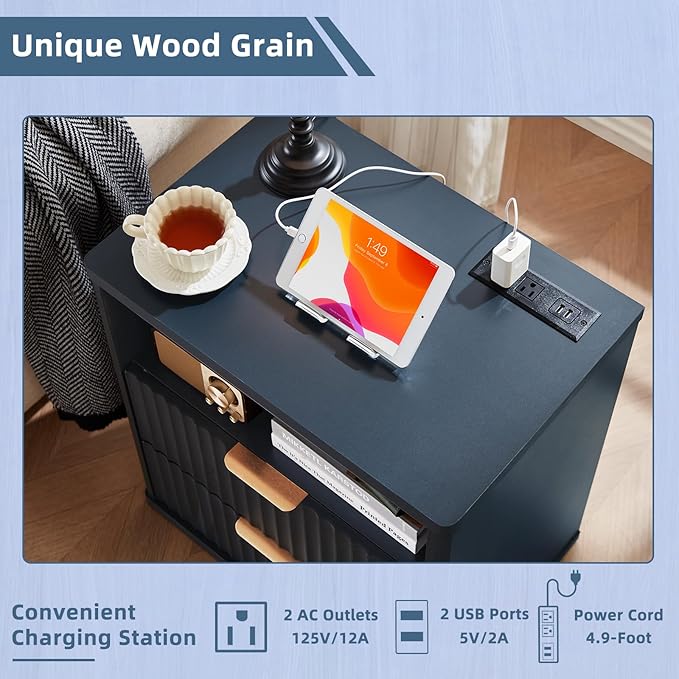 LEYAOYAO Fluted Nightstand with Charging Station, 23" Modern Night Stand with Woodgrain Top, 2 Drawers End Table w/Storage, Bedside Tables for Bedroom, Living Room, Curved Profile Design, Blue