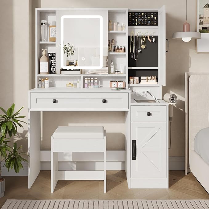 Fameill Vanity Desk with Mirror and Lights, Makeup Vanity Desk with Power Outlet, 2 Drawers & Storage, Vanity Table with Chair & Jewelry Cabinet, for Bedroom (White)