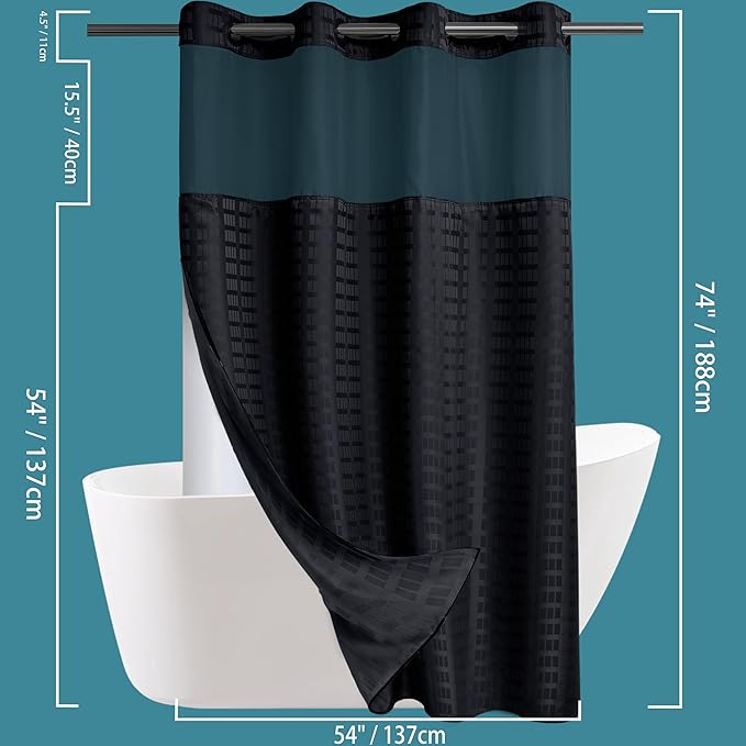 Conbo Mio Stall No Hook Shower Curtain with Snap in Liner Set, Hotel Luxury Black Shower Curtains for Bathroom with See Through Top Window, Waterproof, Washable 54W x 74H