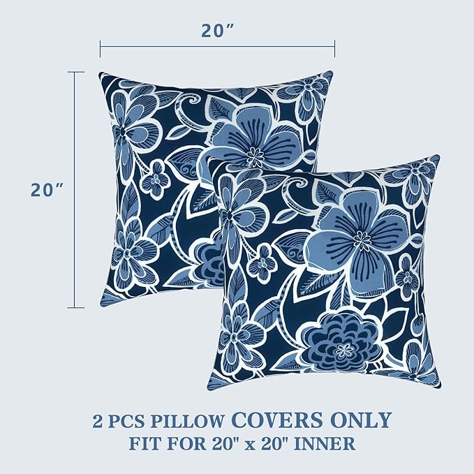 LVTXIII Outdoor Throw Pillow Covers 20 x 20 Inch, Covers ONLY Modern Cute Pattern Decorative Square Toss Pillow Case Pack of 2 for Home Patio Garden Sofa Bed Furniture, Flower Navy