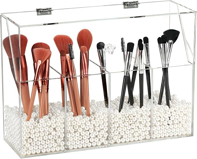 Acrylic Makeup Organizer, Clear Cosmetic Brush Storage Box With 4 Brush Holders,Makeup Brush Holder with Dust Cover, Large-capacity Split Design Can Quickly Organize the Desktop（No pearls）