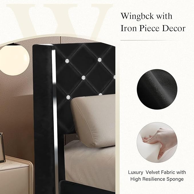HOMBCK Queen Bed Frame with Headboard, Velvet Upholstered Bed with Wingback and Diamond Tufted Design, Wood Slat Support, No Box Spring Needed, Black