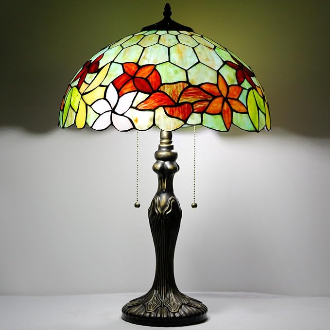 Tiffany Table Lamp Stained Glass Lamp 16X16X24 Inch Antique Reading Light (Green Red Flowers)