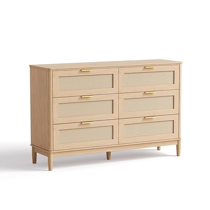 LINSY HOME Rattan Dresser for Bedroom with 6 Drawers, 47" Wide Chest of Drawers, Mid Century Modern Dresser TV Stand with Metal Handle, Wood Closet Storage Cabinet for Living Room, Hallway, Oak