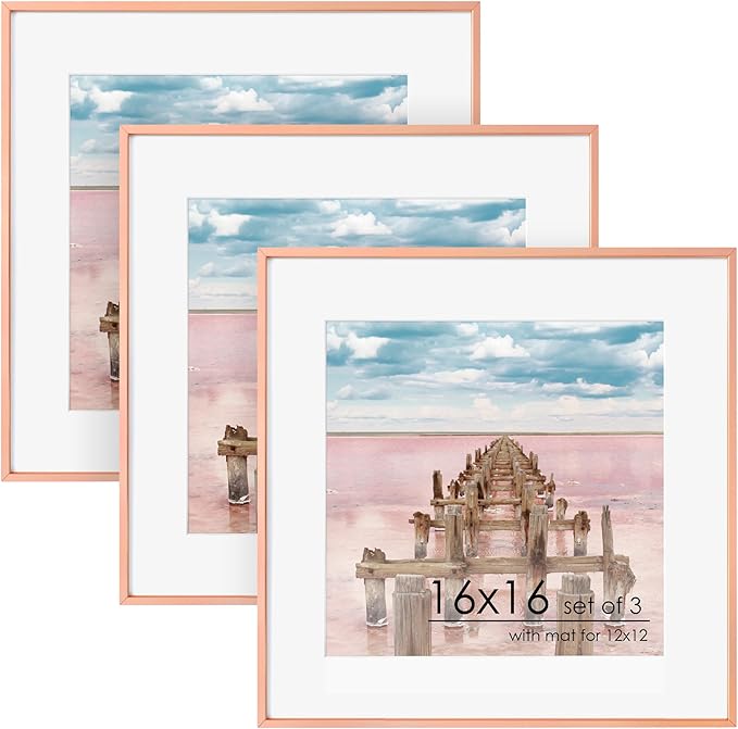 16x16 Metal Square Picture Frame For Wall With Mat For 12x12, 16''x16'' Aluminum Photo Frames With Tempered Glass, Minimalist Modern Poster Frame Horizontally Vertically, Rose Gold