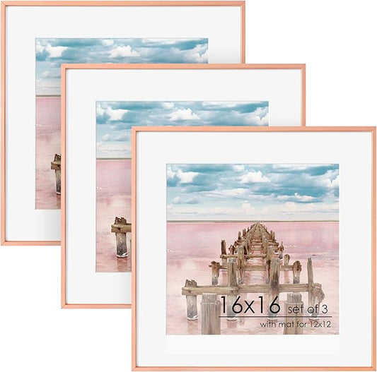 16x16 Metal Square Picture Frame For Wall With Mat For 12x12, 16''x16'' Aluminum Photo Frames With Tempered Glass, Minimalist Modern Poster Frame Horizontally Vertically, Rose Gold