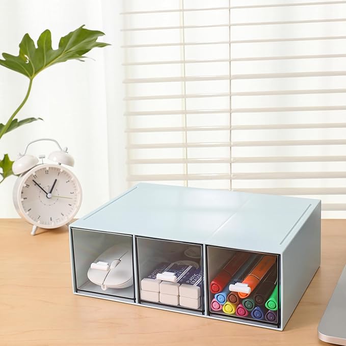 Plastic 3 Drawer Organizer for Cosmetic Storage, Desk Organizer, Makeup Organizer for nail polish, Lipstick, Brushes, Jewelry, Skincare, Bathroom Organization Boxes - Blue