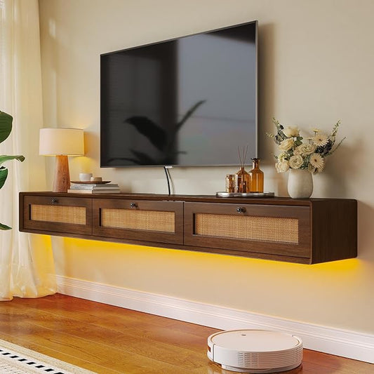 Fully-Assembled Floating TV Stand with 3 Rattan Doors, Rustic Floating Entertainment Center Under TV Shelf, Modern Large Storage Wall Mounted Media Console for Living Room Bedroom 55IN