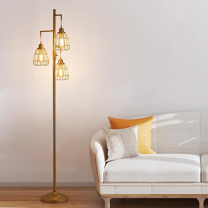 9MMML Gold Dimmable Floor Lamp,Industrial Farmhouse Tall Standing Floor Lamp for Living Room, Bedroom, Corner,Office,Gold 3 Teardrop Cage Lampshade,68”Height,3 LED Bulb Included