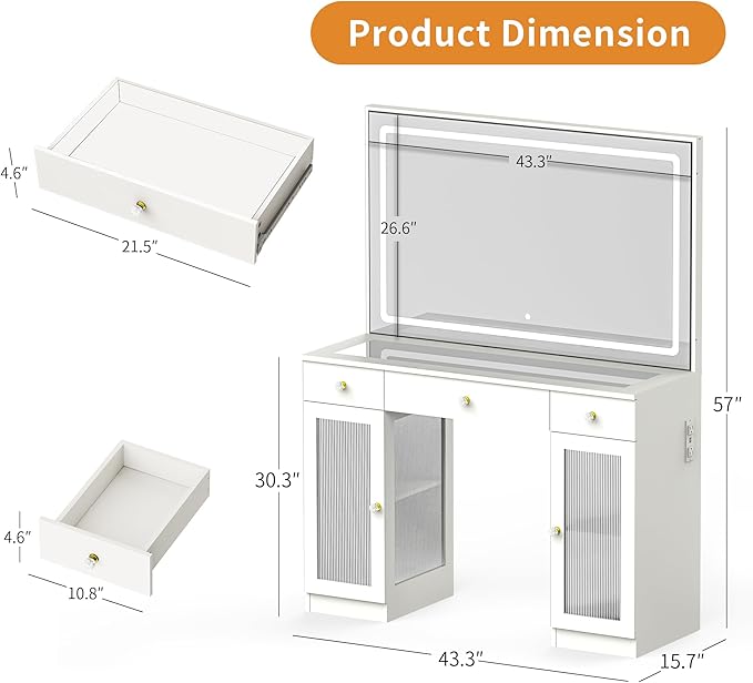Pamapic Makeup Vanity with Crystal Knobs, Glass Top Vanity Desk with Mirror and Lights, Power Outlet, Drawers and Cabinet, 3 Lighting Color Adjustable Dressing Table, Upgraded Silent Slides, White